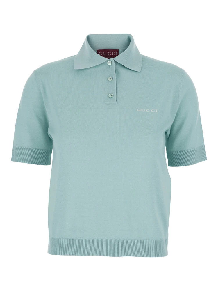 Light Blue Polo with Classic Collar and Logo Lettering Embroidery on the Front in Wool for Women