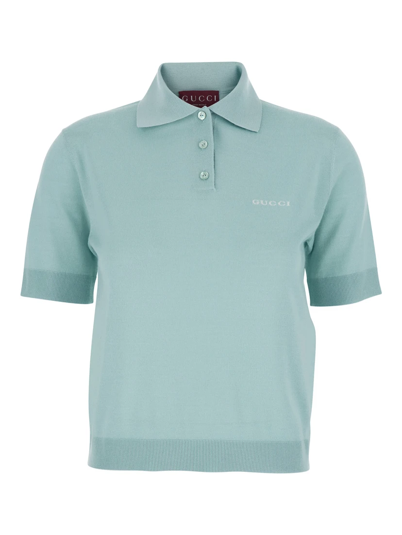 Light Blue Polo with Classic Collar and Logo Lettering Embroidery on the Front in Wool for Women