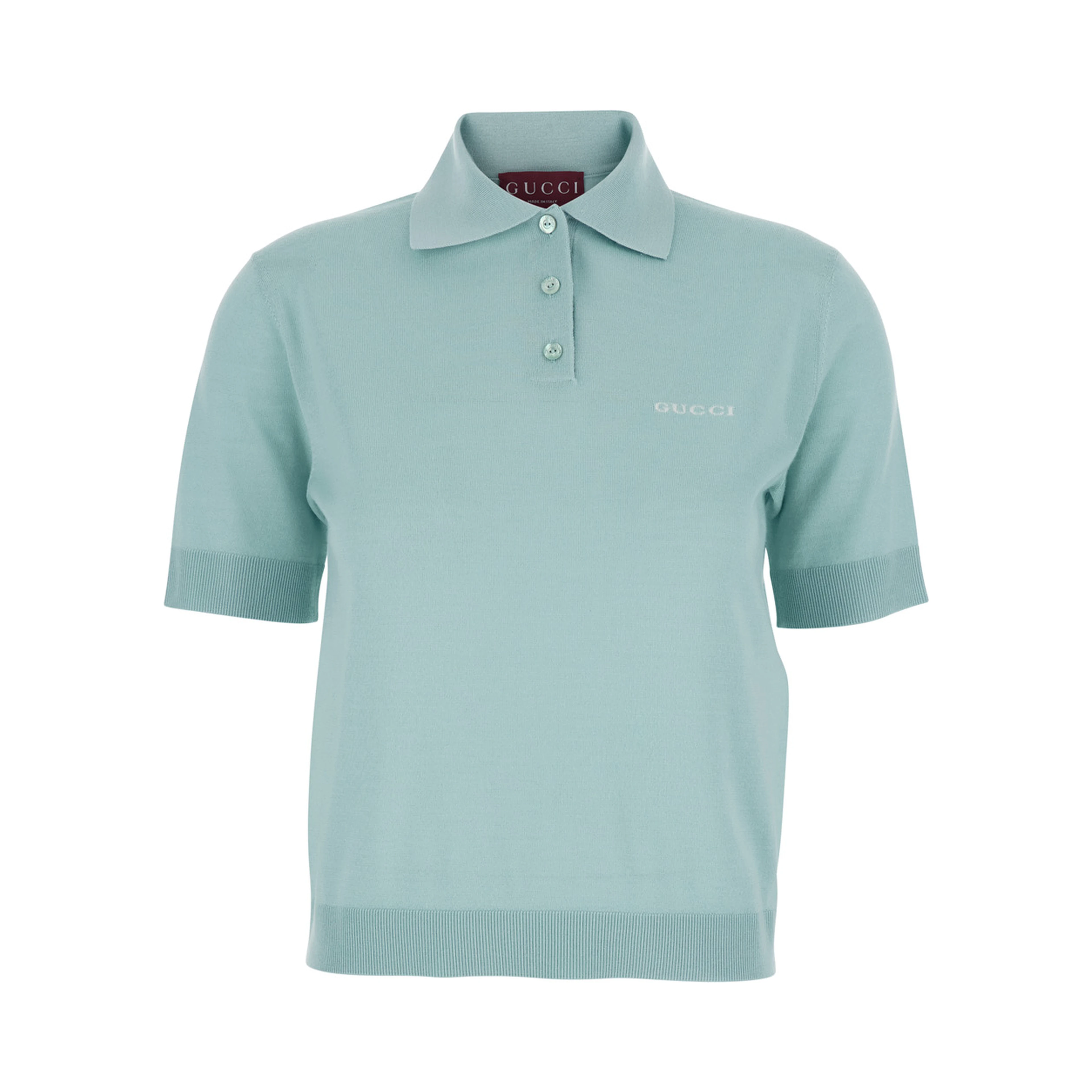Light Blue Polo with Classic Collar and Logo Lettering Embroidery on the Front in Wool for Women