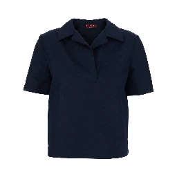 Blue Blouse with Wide Collar and V-Neck in Cotton Blend for Women