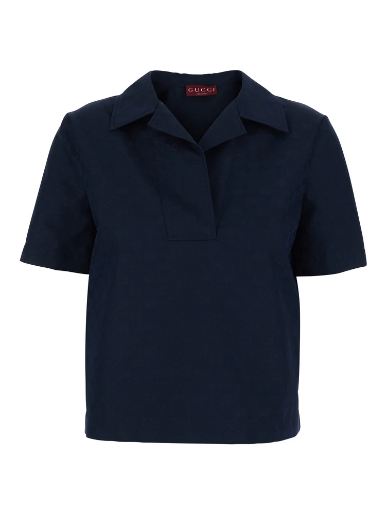 Blue Blouse with Wide Collar and V-Neck in Cotton Blend for Women