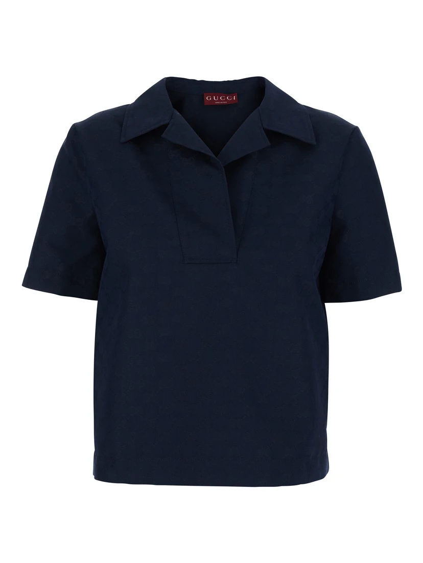 Blue Blouse with Wide Collar and V-Neck in Cotton Blend for Women