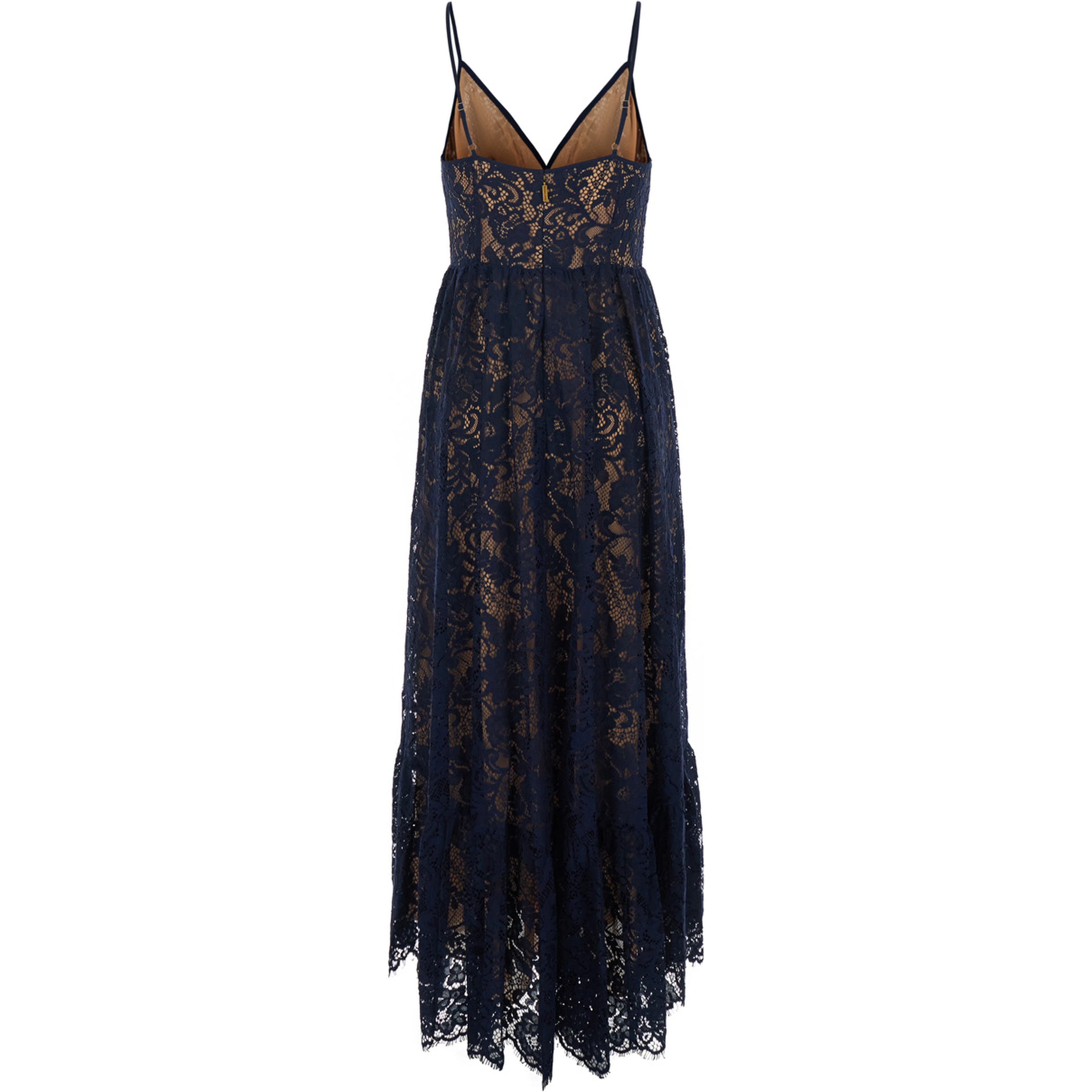 Blue Long Dress with V-neck and Lace Design in Cotton Blend for Women