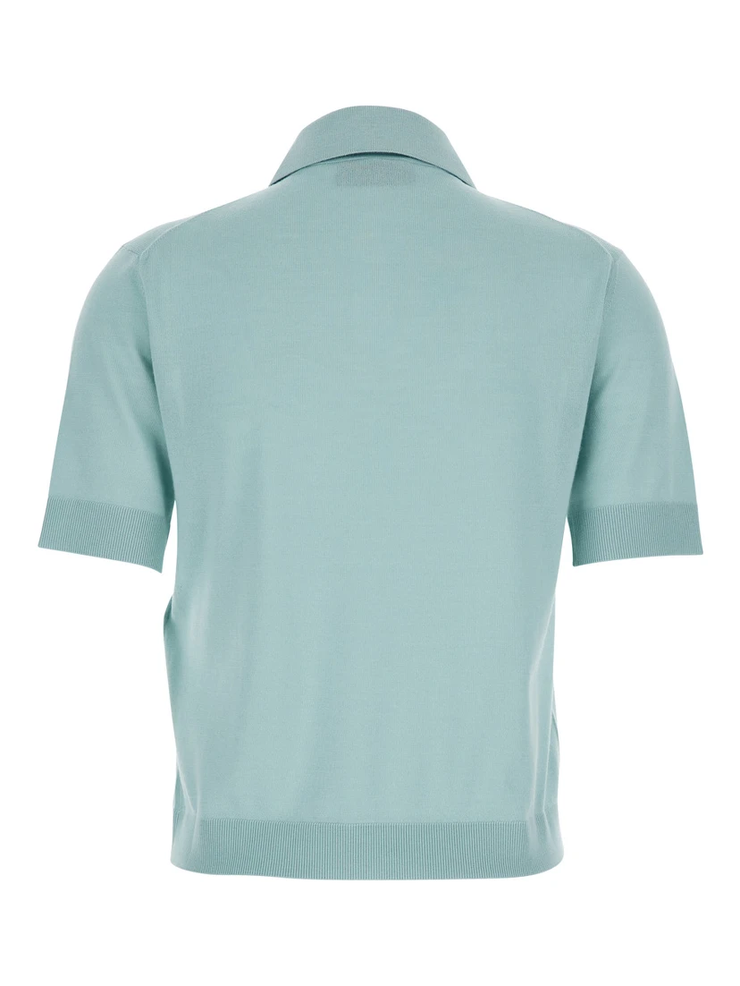Light Blue Polo with Classic Collar and Logo Lettering Embroidery on the Front in Wool for Women