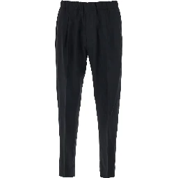 Black Trousers with Side Pockets and Elastic Waist in Wool blend for Men