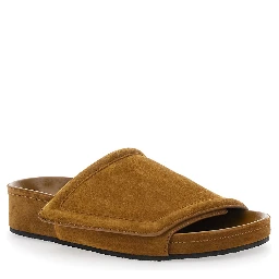 Brown sandals with adjustable velcro strap in suede for women