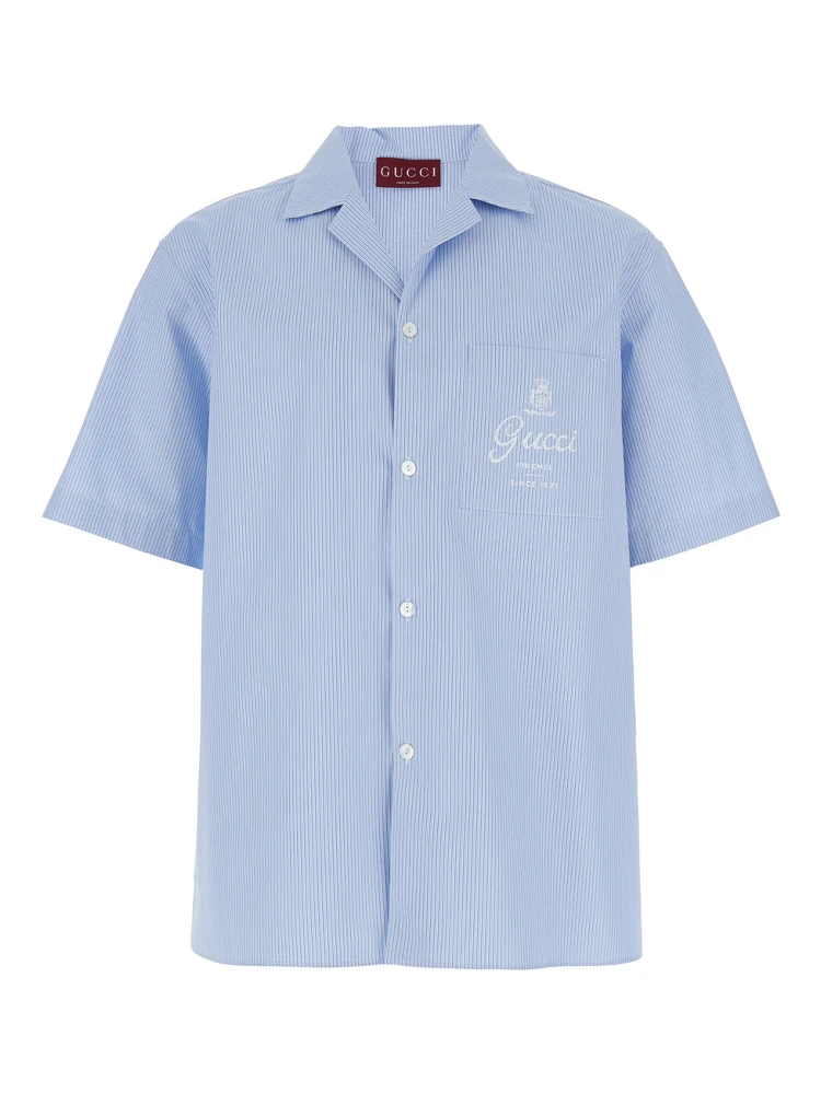 Light Blue Bowling Shirt with Logo Embroidery on the Front and All-Over Stripe Motif in for Men
