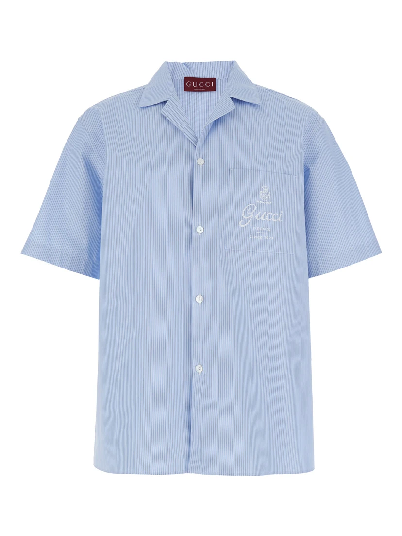 Light Blue Bowling Shirt with Logo Embroidery on the Front and All-Over Stripe Motif in for Men