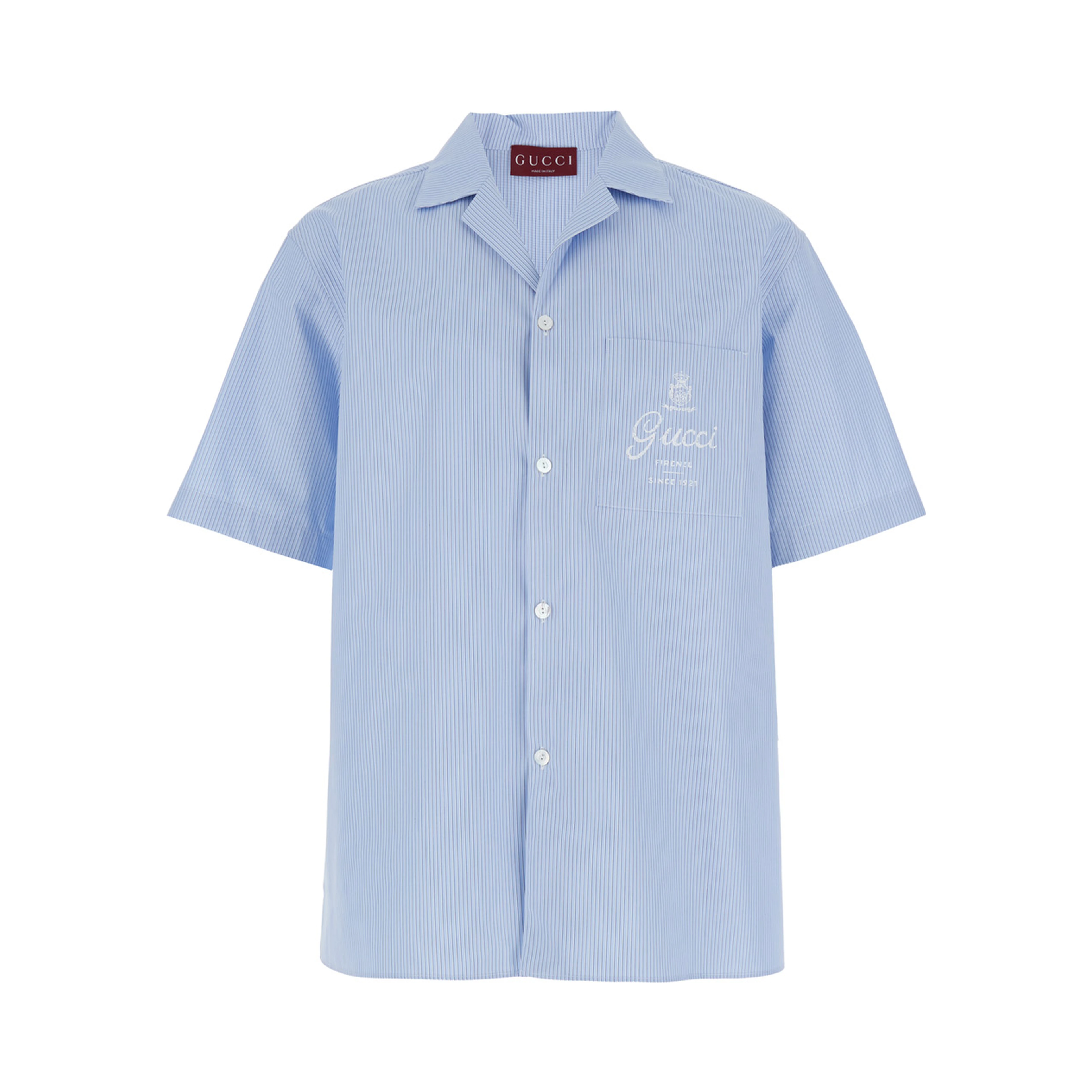 Light Blue Bowling Shirt with Logo Embroidery on the Front and All-Over Stripe Motif in for Men