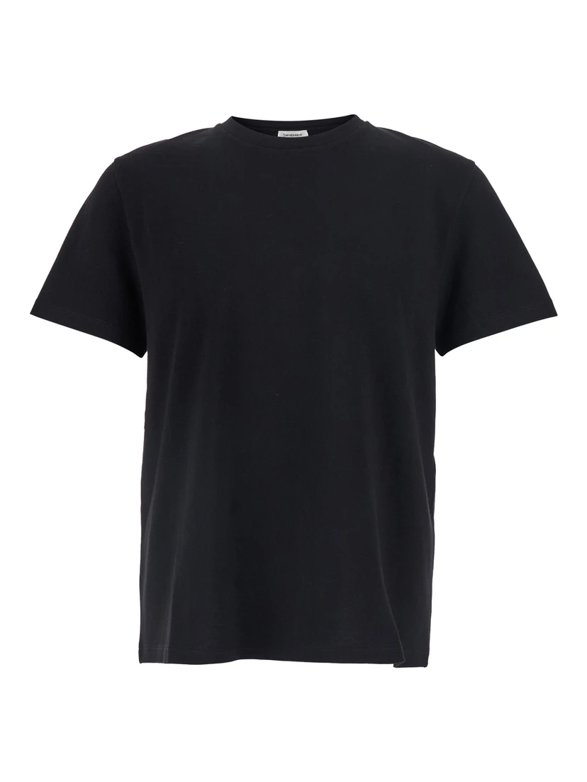 Black Crew Neck T-Shirt with Embroidered Logo on the Back in Cotton for Men