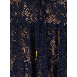 Blue Long Dress with V-neck and Lace Design in Cotton Blend for Women