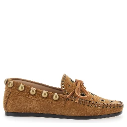 Brown Loafers with Cut-Out Front and All-Over Metal Details in Suede Woman