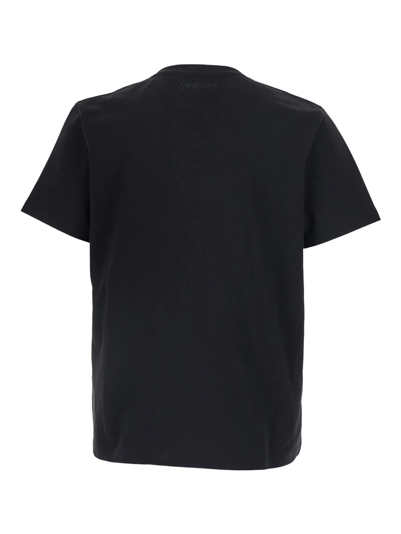 Black Crew Neck T-Shirt with Embroidered Logo on the Back in Cotton for Men