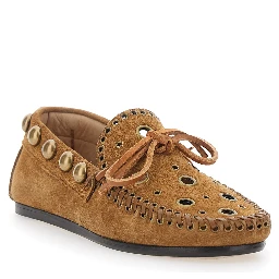 Brown Loafers with Cut-Out Front and All-Over Metal Details in Suede Woman