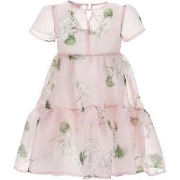 Pink Dress with Semi-Transparent Design and All-Over Floral Motif in Cotton Girls