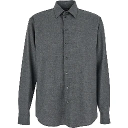 Grey Shirt with Classic Collar and Logo Embroidery on the Front in Wool for Men