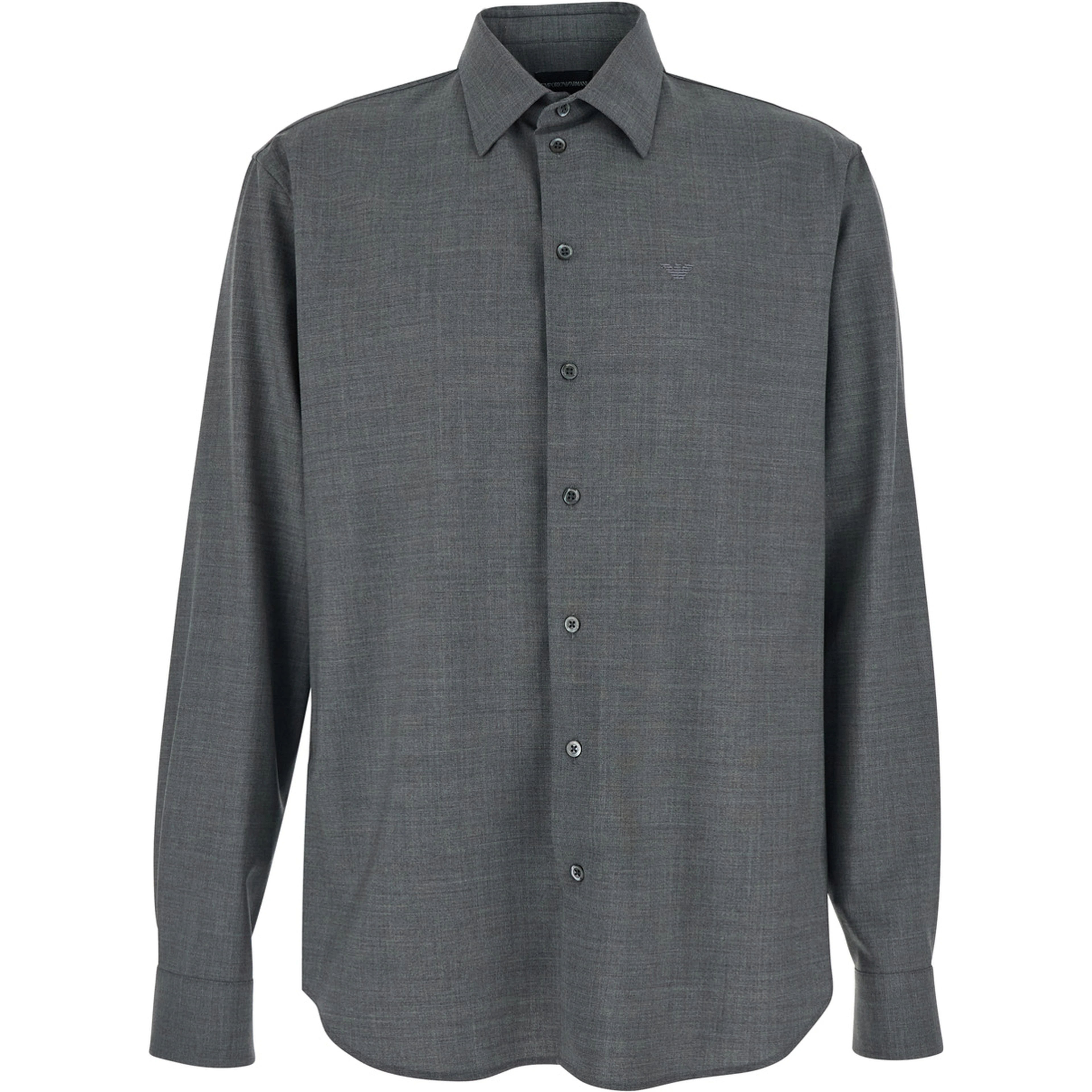 Grey Shirt with Classic Collar and Logo Embroidery on the Front in Wool for Men