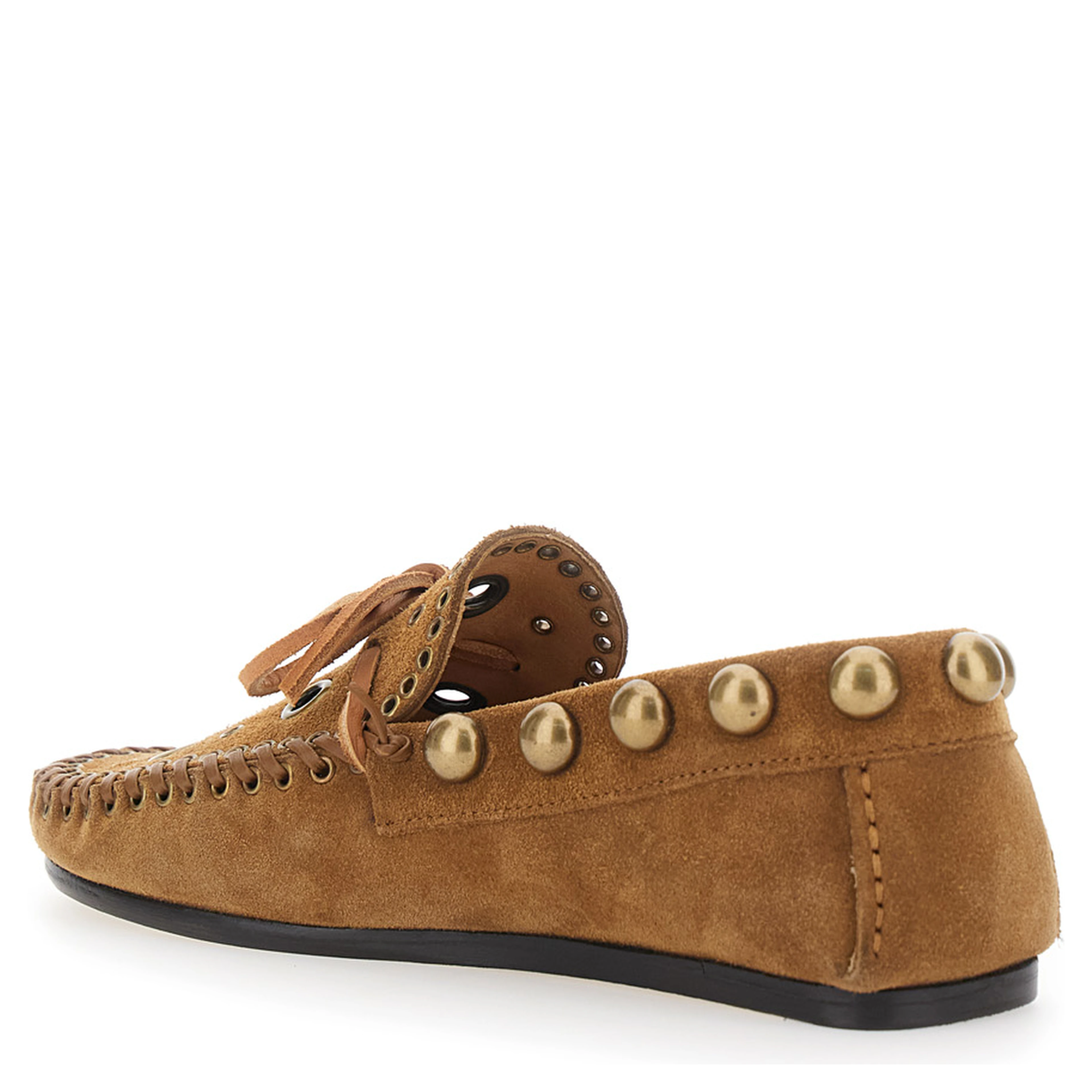 Brown Loafers with Cut-Out Front and All-Over Metal Details in Suede Woman