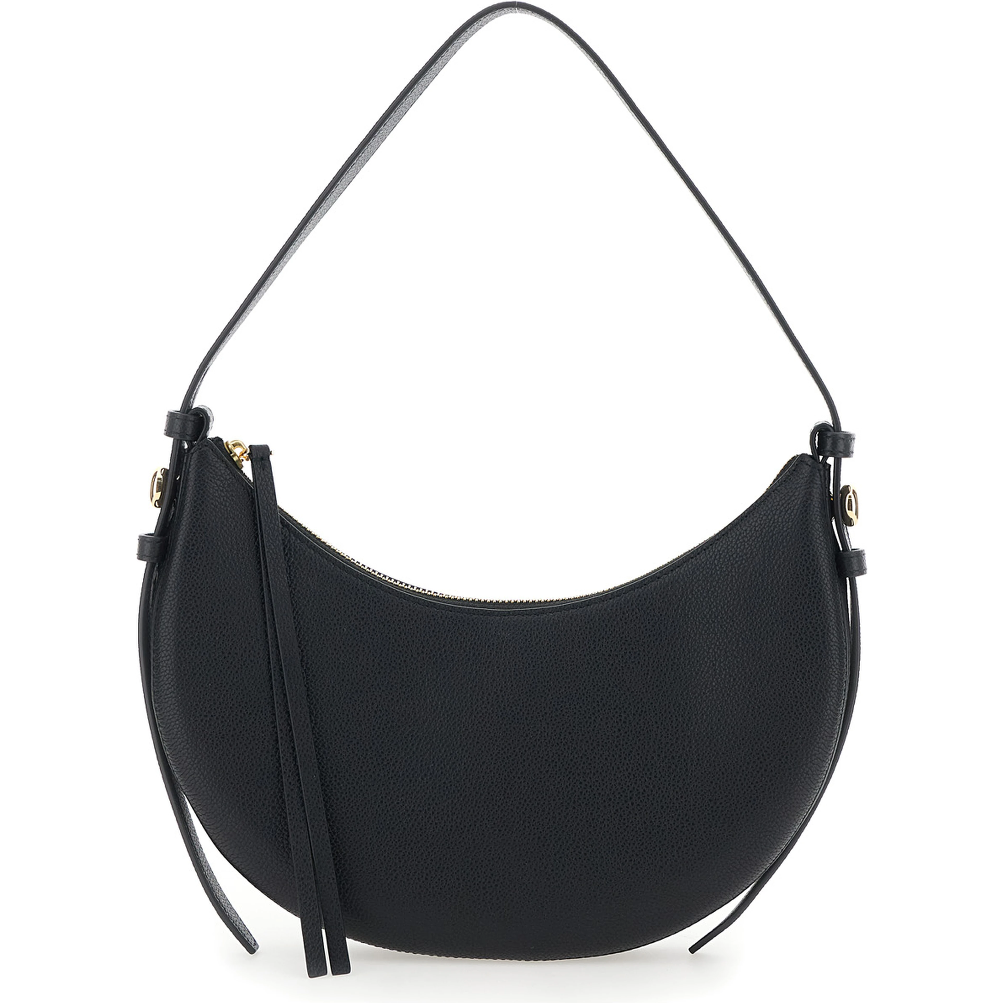 Romy Half Moon Black Shoulder Bag with Adjustable and Removable Strap and Half Moon Design in Hammered Leather for Women