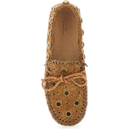 Brown Loafers with Cut-Out Front and All-Over Metal Details in Suede Woman