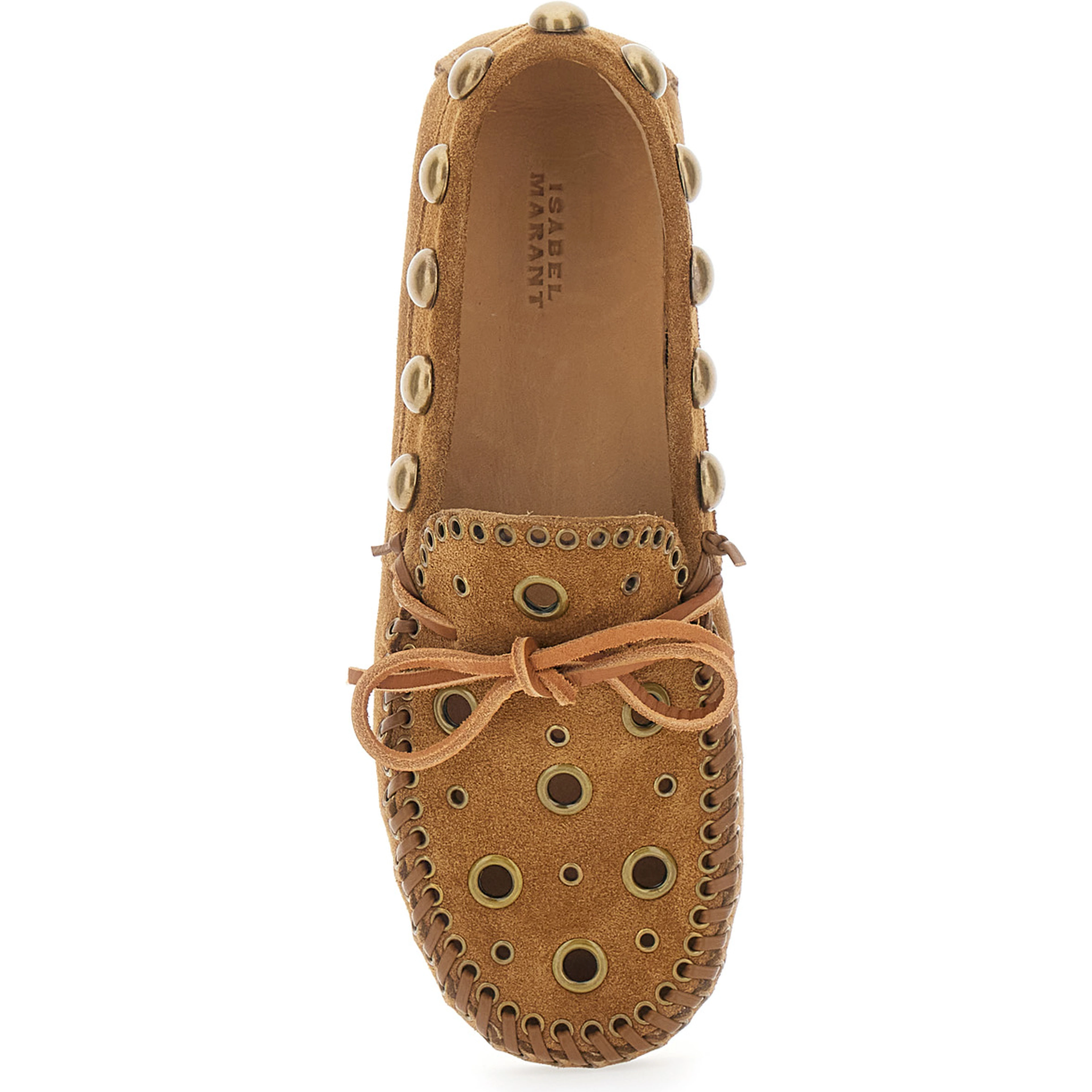 Brown Loafers with Cut-Out Front and All-Over Metal Details in Suede Woman