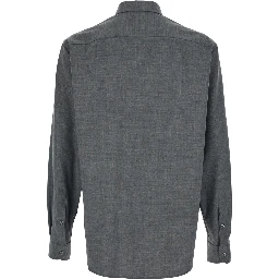 Grey Shirt with Classic Collar and Logo Embroidery on the Front in Wool for Men