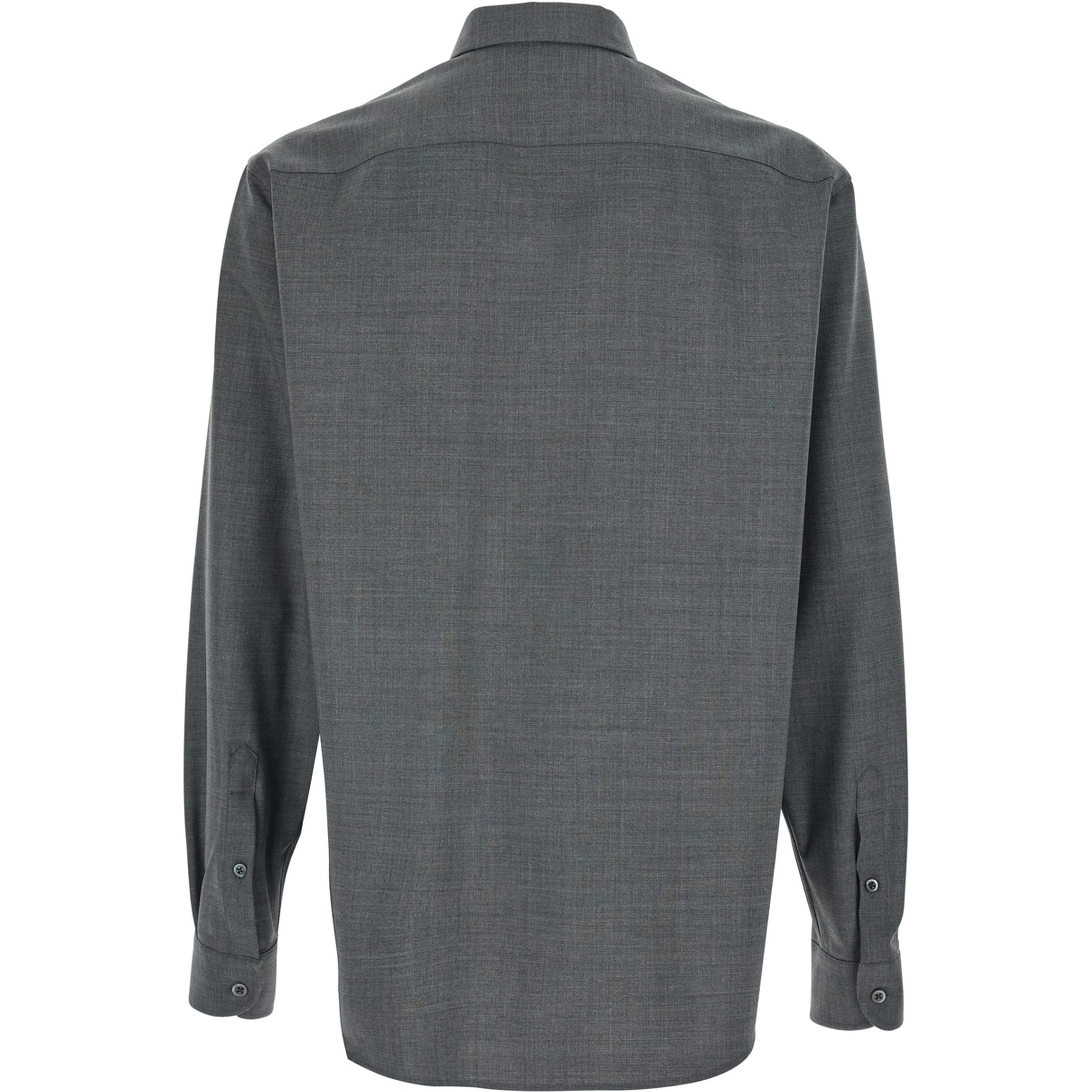 Grey Shirt with Classic Collar and Logo Embroidery on the Front in Wool for Men