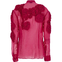 Fuchsia Shirt with Mandarin Collar and 3D Floral Embroidery All-Over in Silk for Women