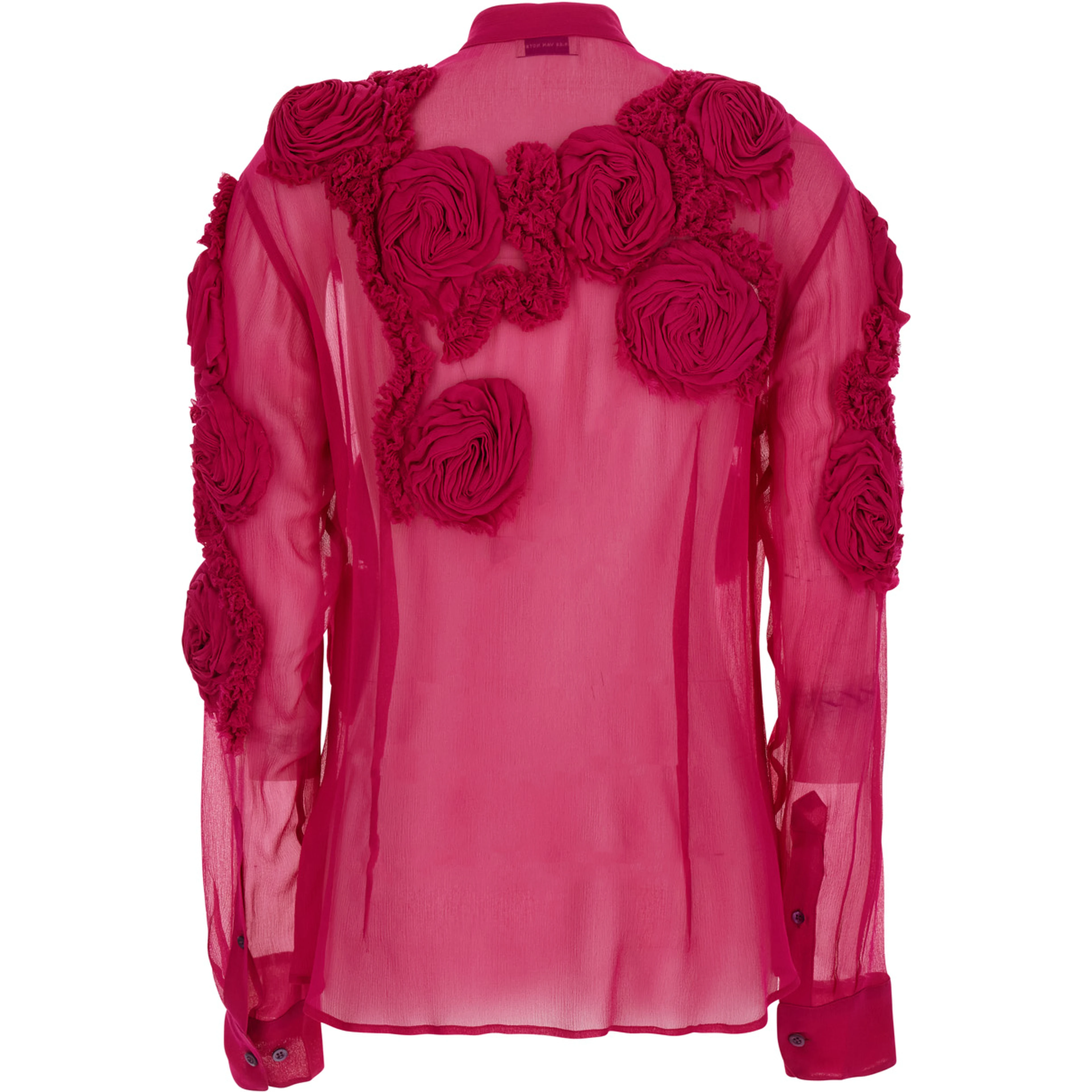 Fuchsia Shirt with Mandarin Collar and 3D Floral Embroidery All-Over in Silk for Women