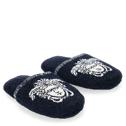 Slippers Terry with Medusa Embroidery in Blue Cotton Unisex