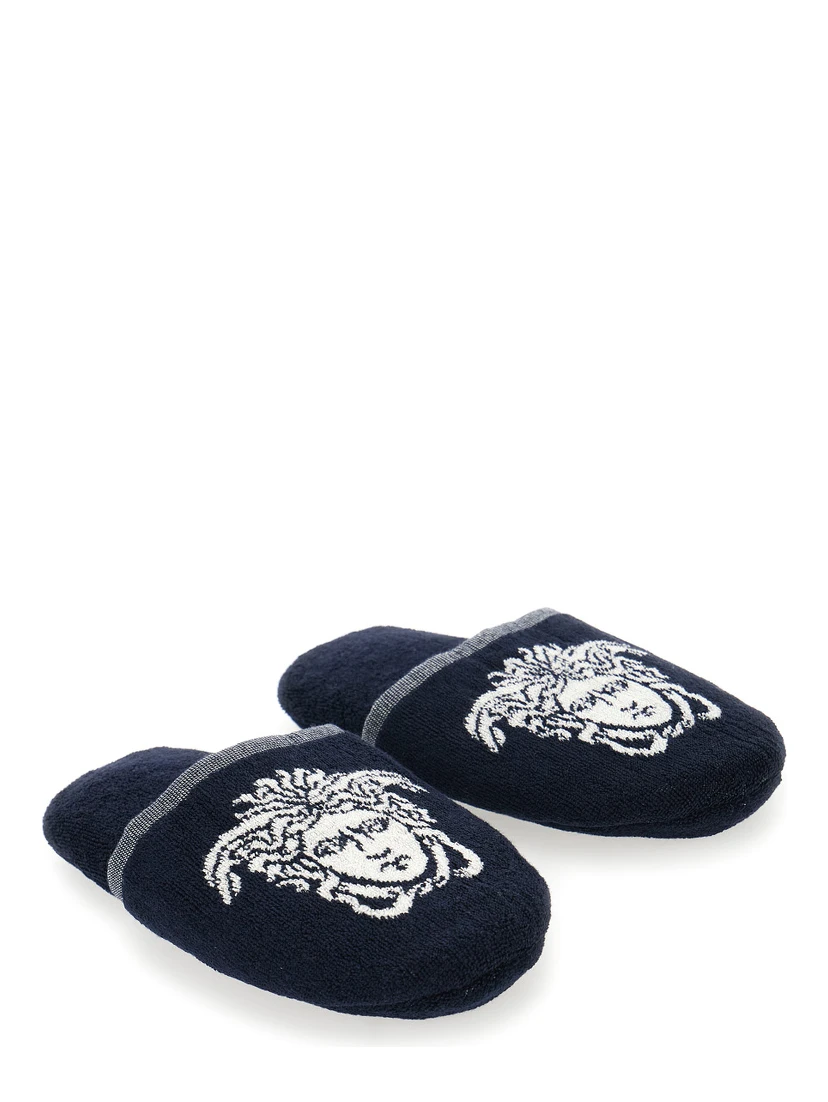 Slippers Terry with Medusa Embroidery in Blue Cotton Unisex