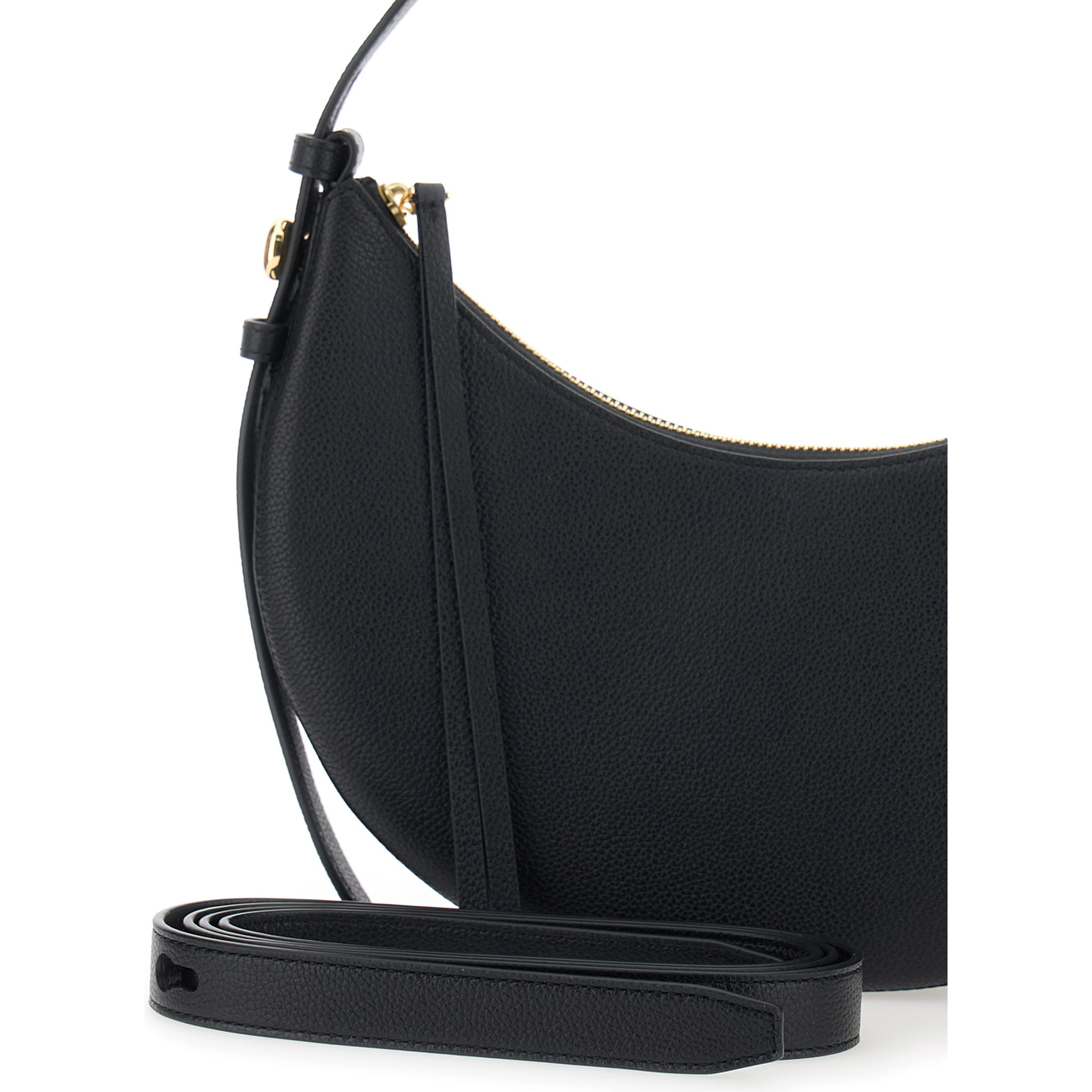 Romy Half Moon Black Shoulder Bag with Adjustable and Removable Strap and Half Moon Design in Hammered Leather for Women
