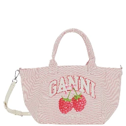 Pink Small Tote Bag with Raspberry Print and Logo Lettering on the Front in Cotton for Women