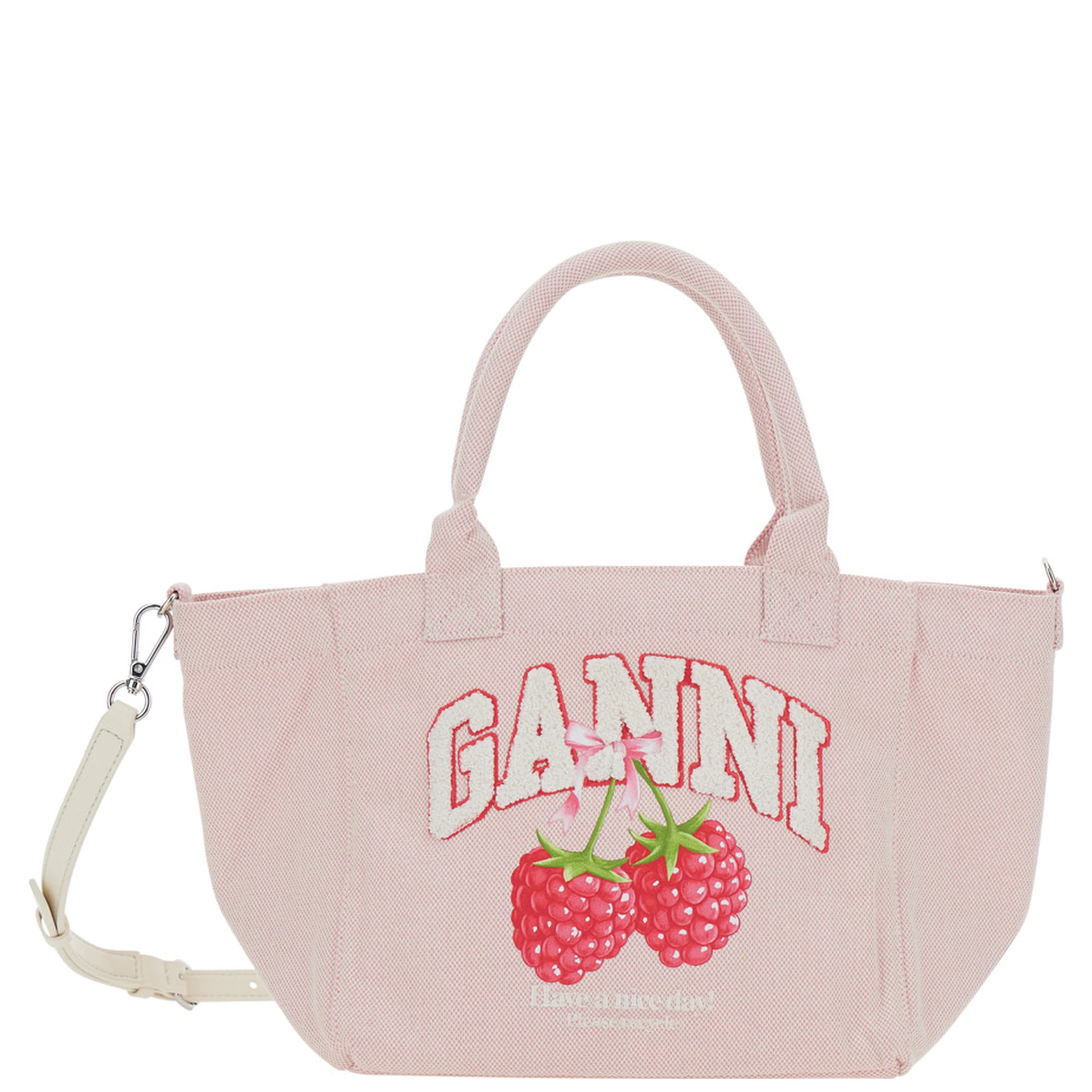 Pink Small Tote Bag with Raspberry Print and Logo Lettering on the Front in Cotton for Women
