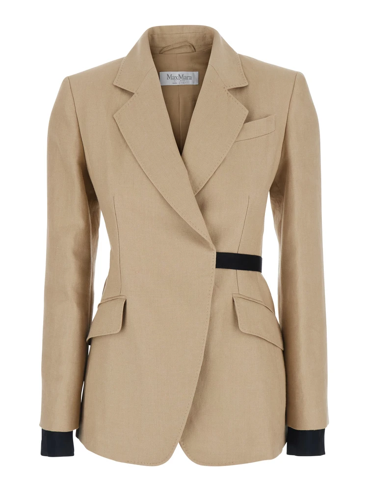Fionda Beige Linen Jacket with Notched Revers and Adjustable Waist Belt Woman