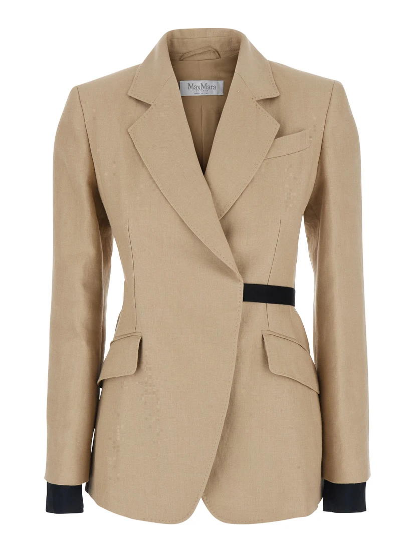 Fionda Beige Linen Jacket with Notched Revers and Adjustable Waist Belt Woman