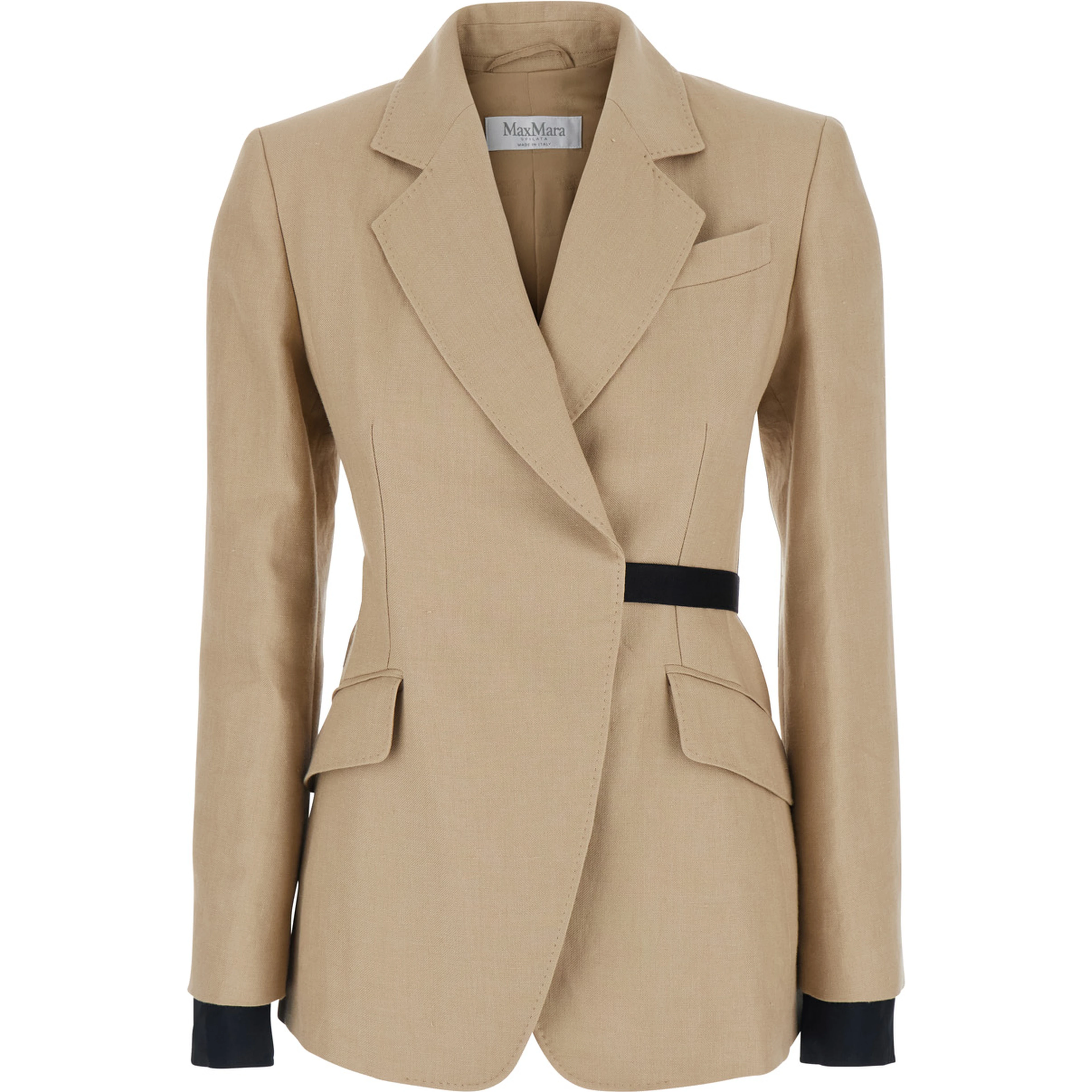 Fionda Beige Linen Jacket with Notched Revers and Adjustable Waist Belt Woman