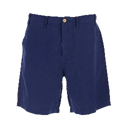 Blue Bermuda with Side Pockets and logo patch on the back in Linen and Cotton Blend Men