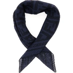 Blue Scarf with FF Motif All-Over in Wool and Silk Blend for Men