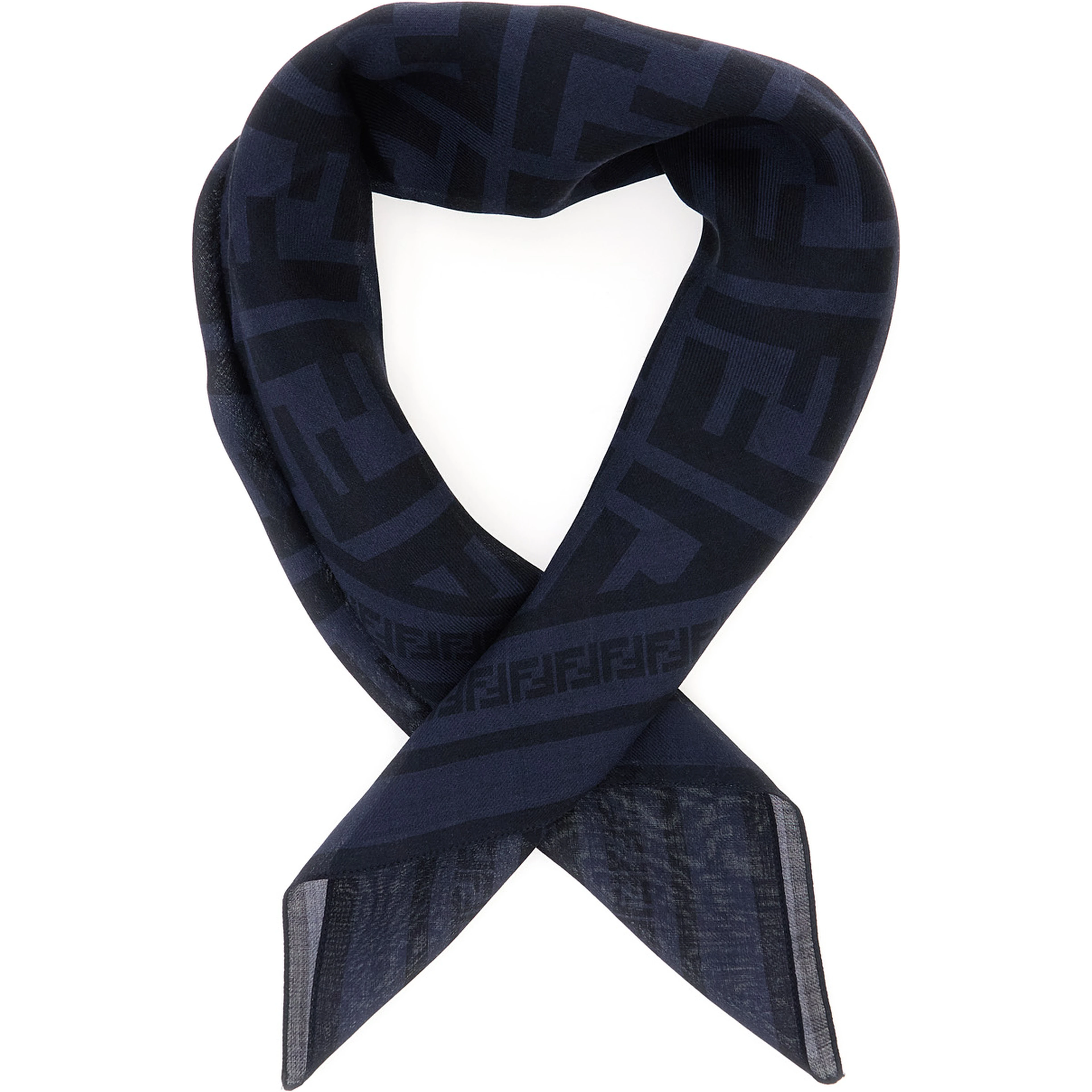 Blue Scarf with FF Motif All-Over in Wool and Silk Blend for Men
