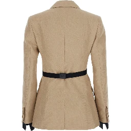 Fionda Beige Linen Jacket with Notched Revers and Adjustable Waist Belt Woman