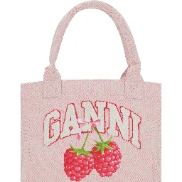Pink Small Tote Bag with Raspberry Print and Logo Lettering on the Front in Cotton for Women