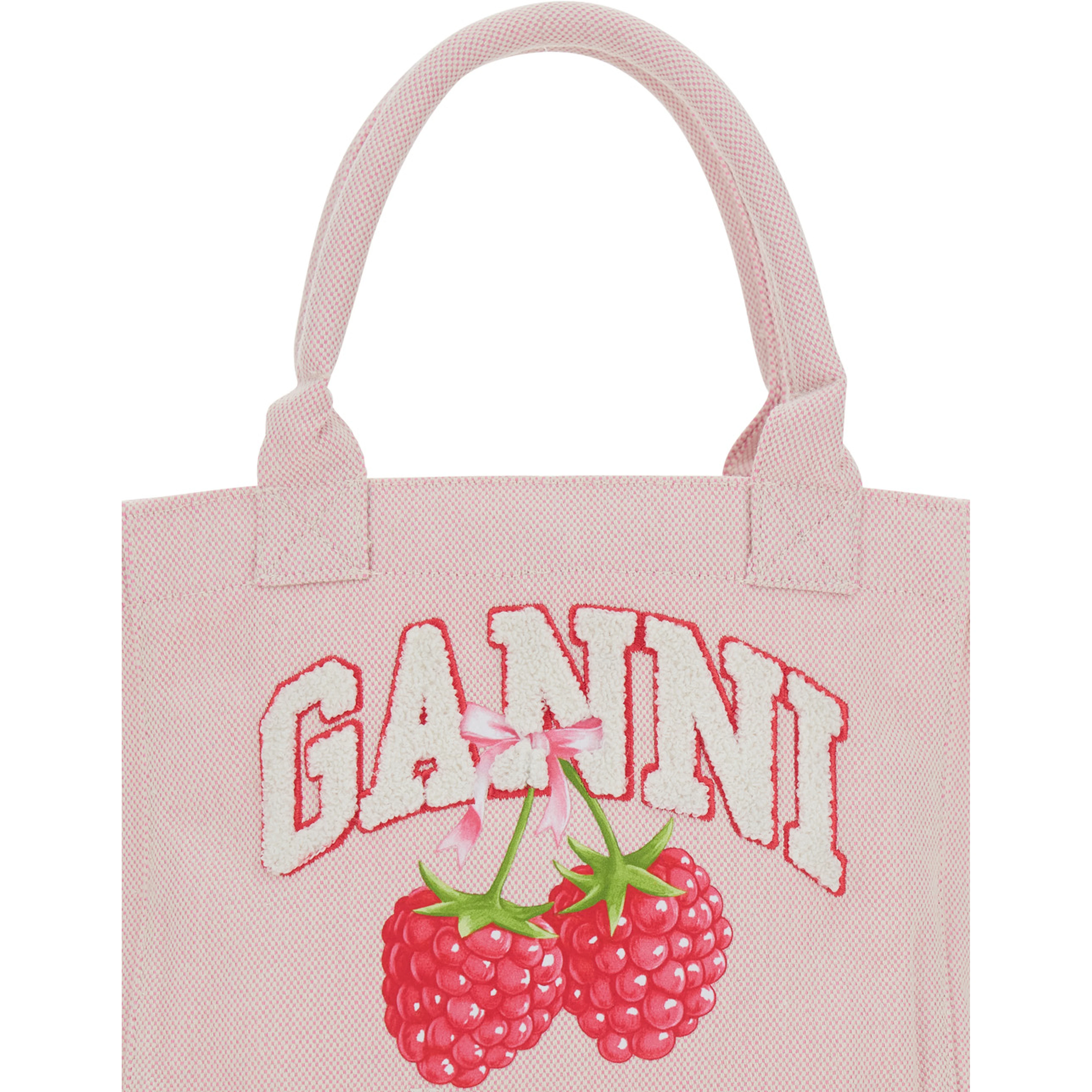 Pink Small Tote Bag with Raspberry Print and Logo Lettering on the Front in Cotton for Women