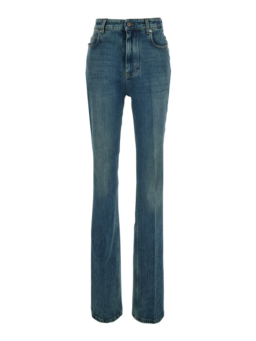 Blue High-waisted jeans with logo patch on the back in denim for women