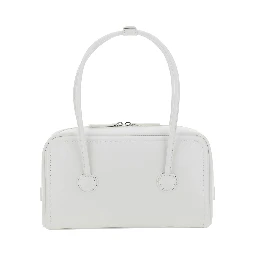 Soft Boston White Small Shoulder Bag with Logo Lettering on the Front in Leather for Women