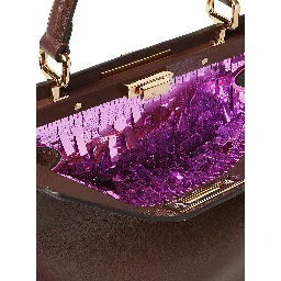 Peekaboo I See You Brown Handbag with Claw Closure and Sequins Embroidery Inside in Leather Woman