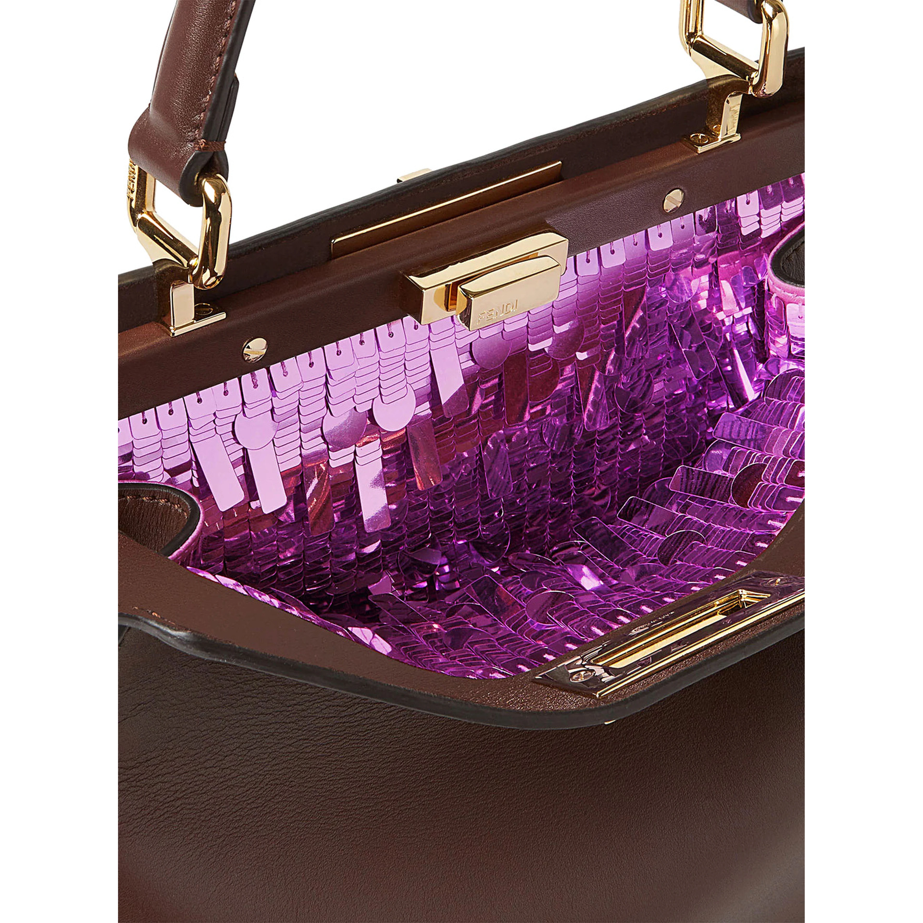 Peekaboo I See You Brown Handbag with Claw Closure and Sequins Embroidery Inside in Leather Woman