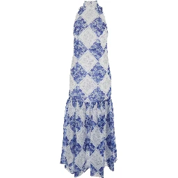 Long Floral Dress with High American Collar in Tech Fabric for Women