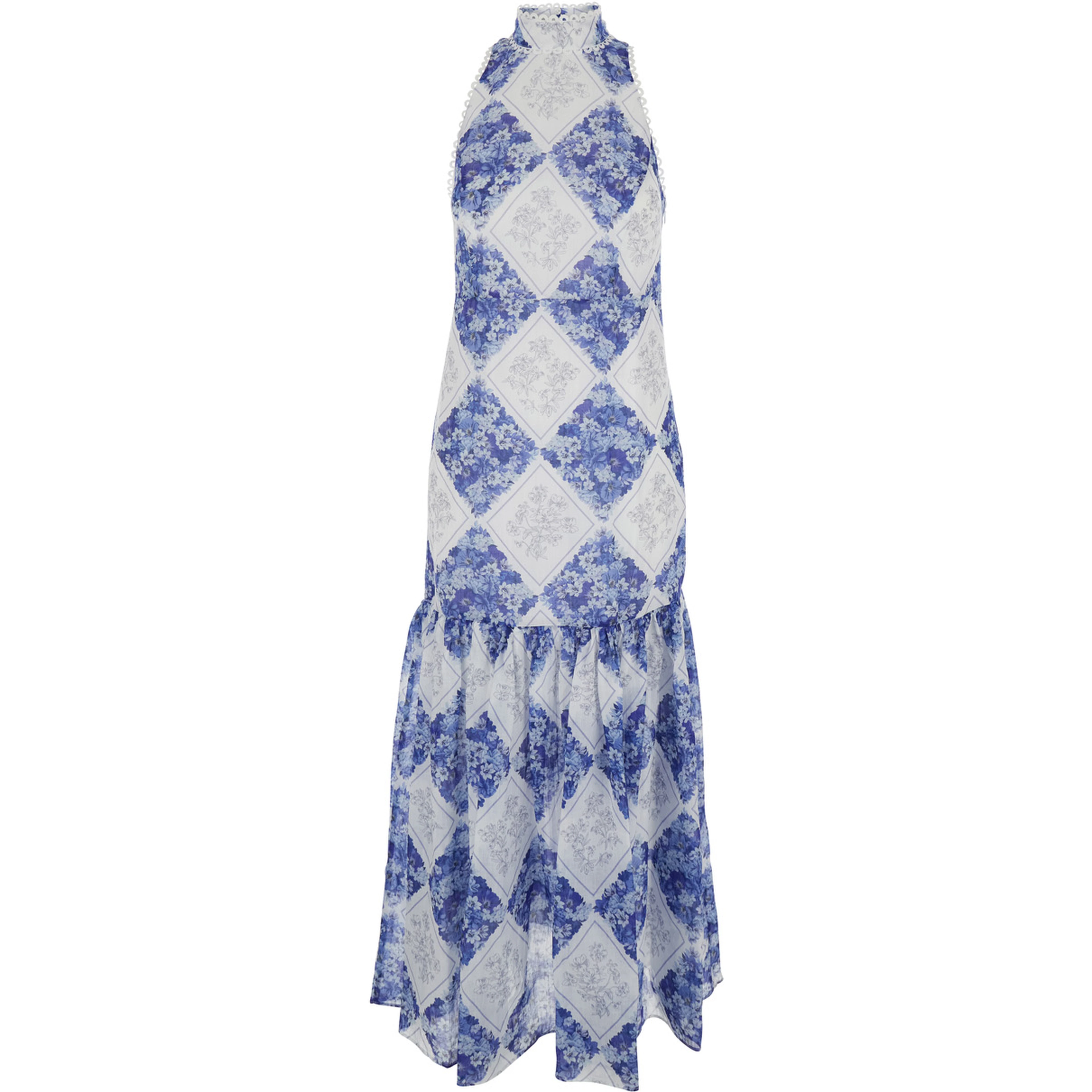 Long Floral Dress with High American Collar in Tech Fabric for Women