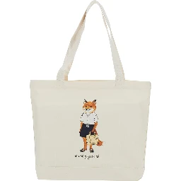 White Tote bag with large Fox embroidery on the front in cotton for men